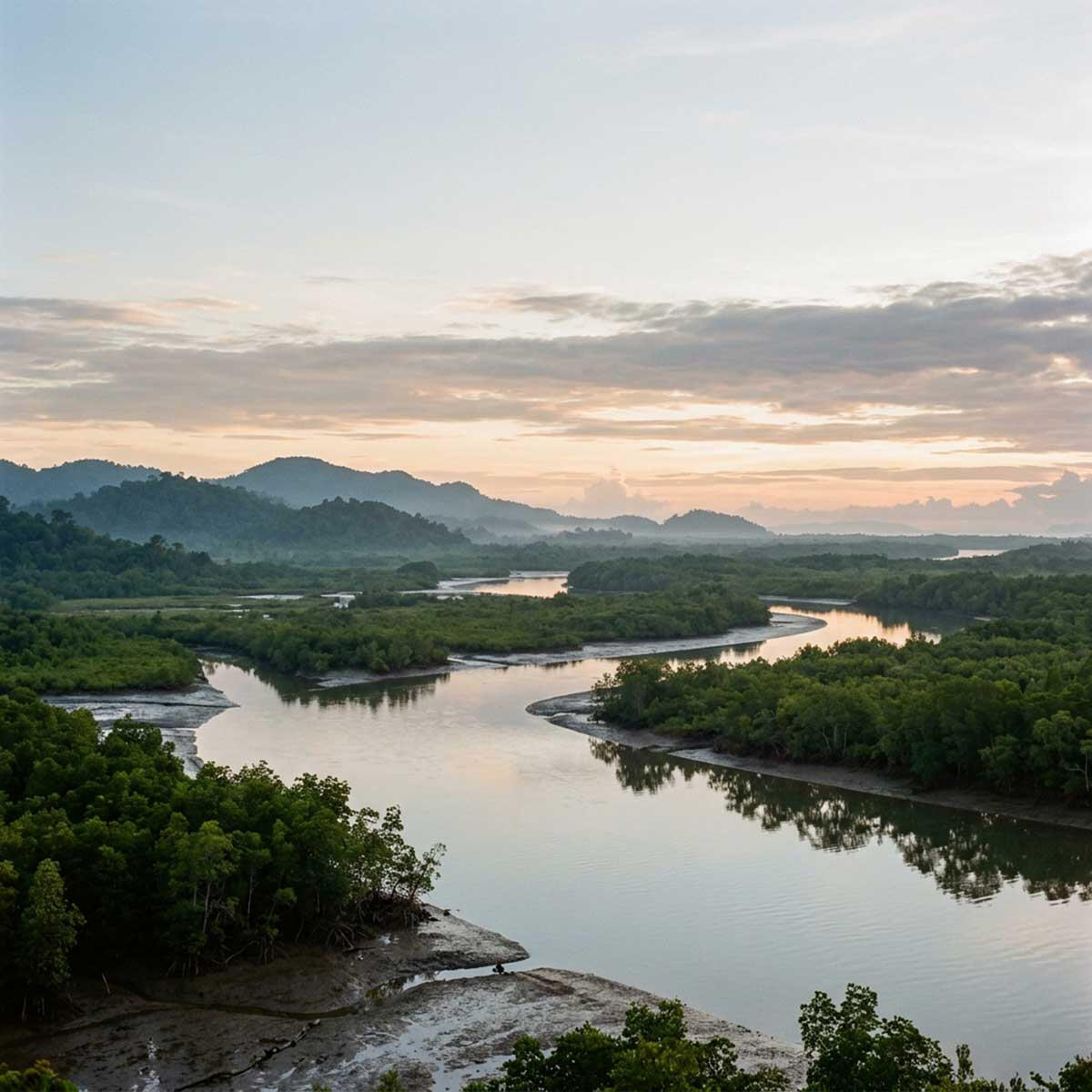 What we believe Wide landscape of a quiet river delta in Southeast Asia at dawn, calm water reflecting soft morning light, lush green mangroves and distant hills: the context that drives our beliefs.