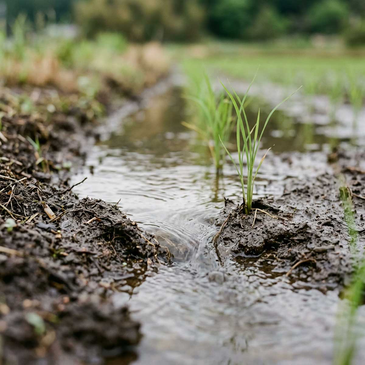 water, rice, life Close-up of water gently flowing over dark, rich soil in a rice paddy.