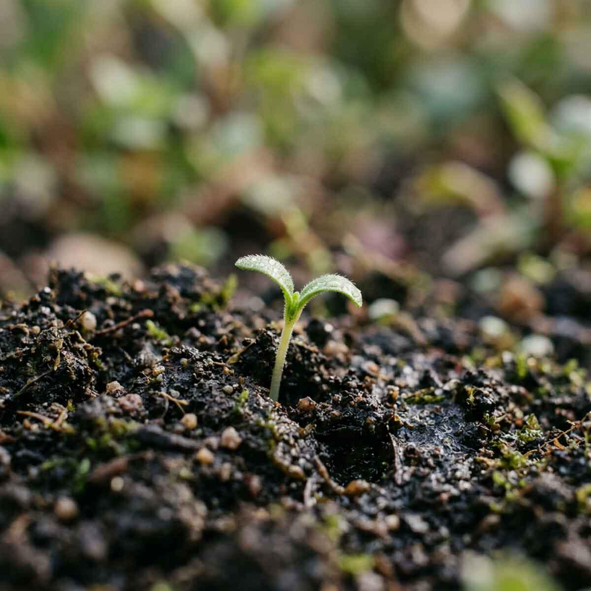 Emergence-harnessing the potential of the seed and the soil A tiny green seedling just beginning to emerge from dark, moist soil.